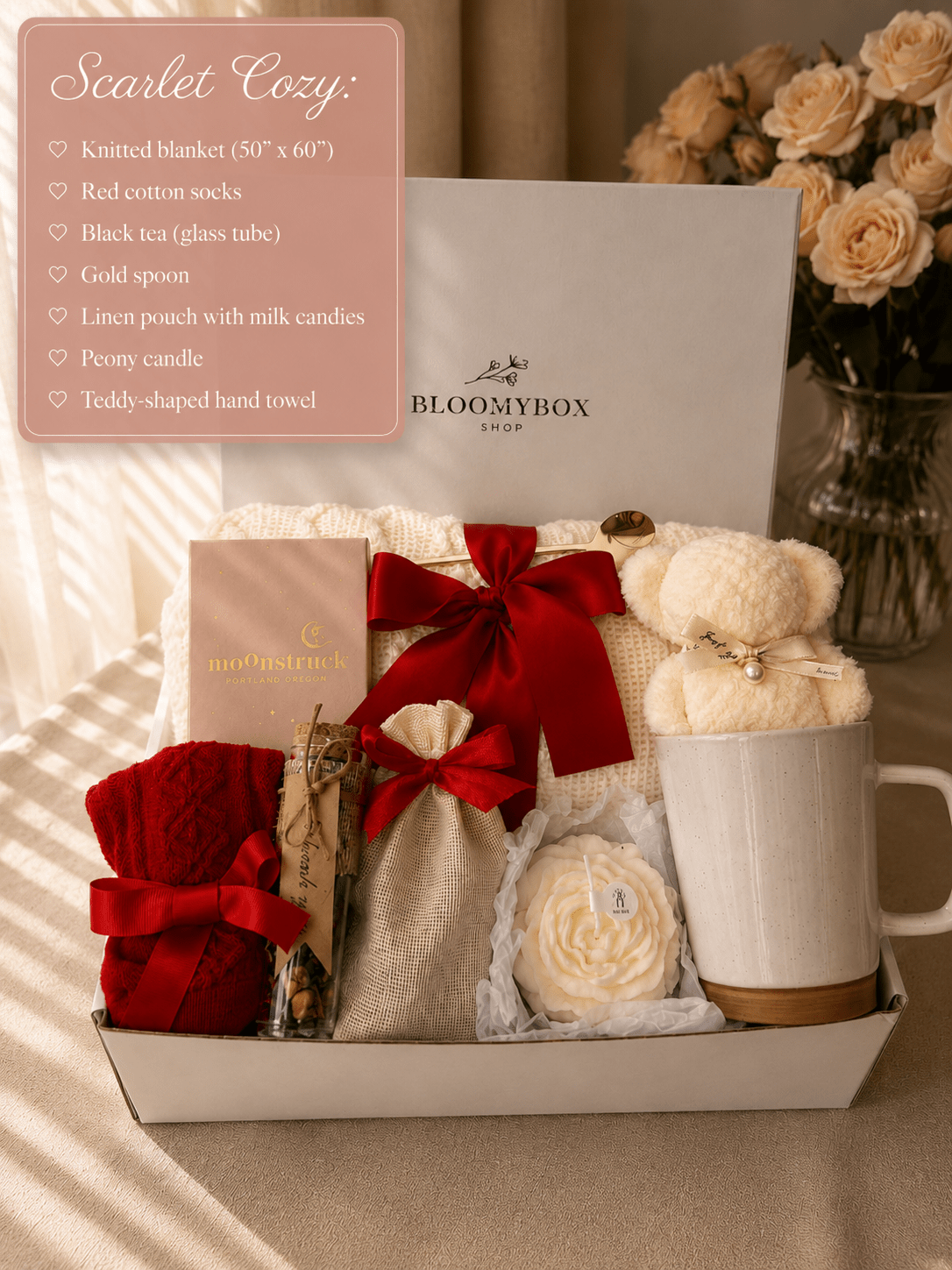 Red Bow Gift Box for Women | Cozy Care Package with Knit Blanket, Plush Teddy Bear, Rose Candle, Socks & Ceramic Mug — Ready to Gift - BloomyBoxShop