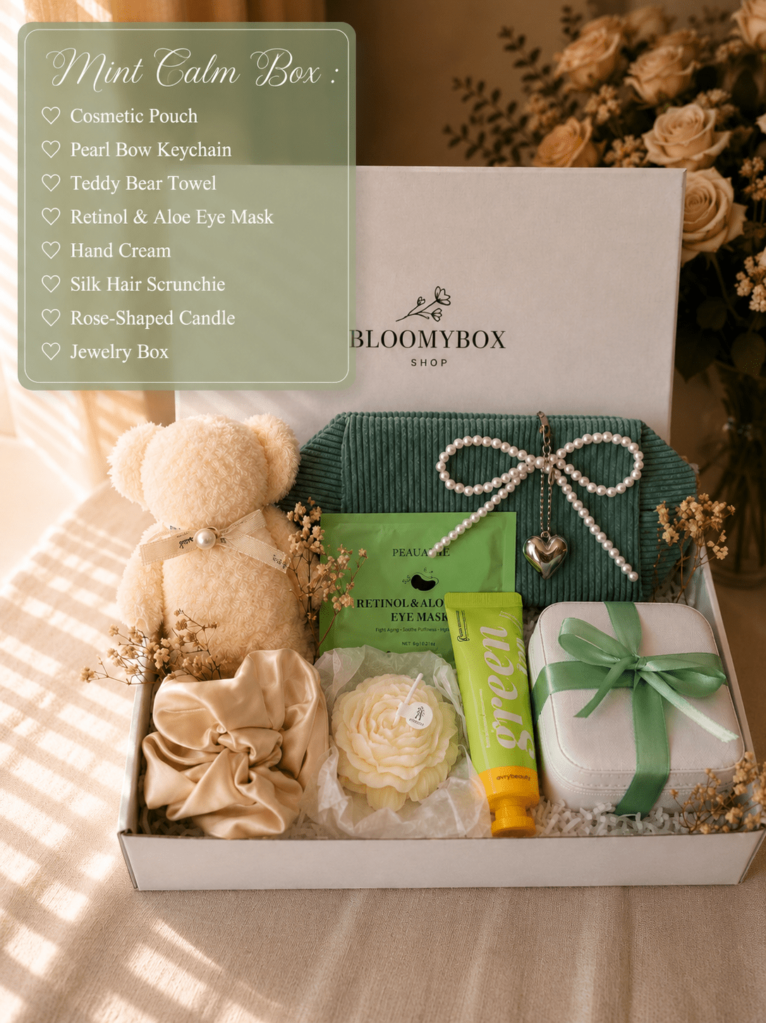 Sage Green Gift Box for Women | Spa Set with Towel Teddy Bear, Retinol Eye Mask, Rose Candle, Silk Scrunchie & Jewelry Case — Ready to Gift - BloomyBoxShop