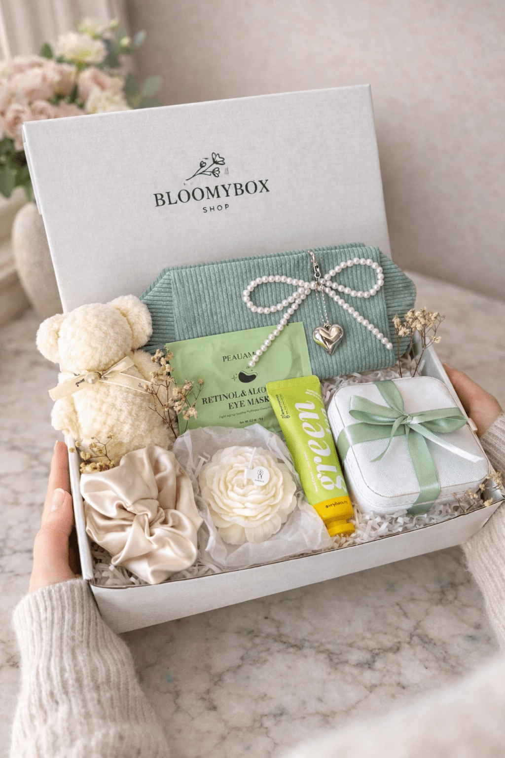 Sage Green Gift Box for Women | Spa Set with Towel Teddy Bear, Retinol Eye Mask, Rose Candle, Silk Scrunchie & Jewelry Case — Ready to Gift - BloomyBoxShop