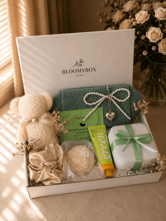 Sage Green Gift Box for Women | Spa Set with Towel Teddy Bear, Retinol Eye Mask, Rose Candle, Silk Scrunchie & Jewelry Case — Ready to Gift - BloomyBoxShop