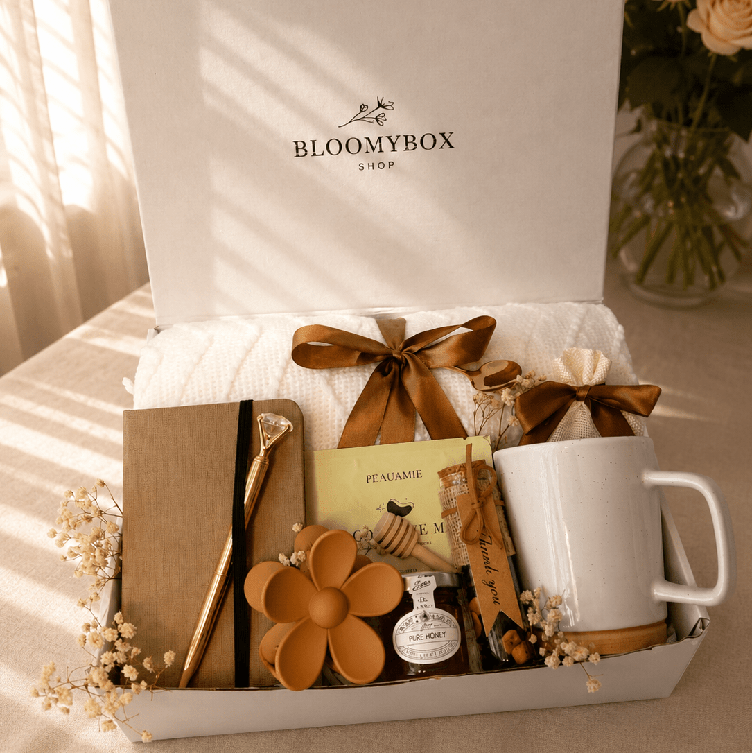 The Ultimate Warm Honey Box | Gift Set for Her — Blanket, Pure Honey, Coffee Eye Mask, Flower Decor, Journal & Mug - BloomyBoxShop