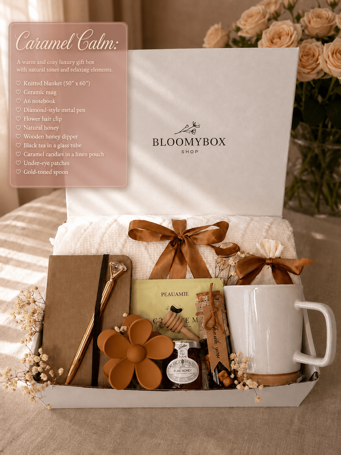 The Ultimate Warm Honey Box | Gift Set for Her — Blanket, Pure Honey, Coffee Eye Mask, Flower Decor, Journal & Mug - BloomyBoxShop